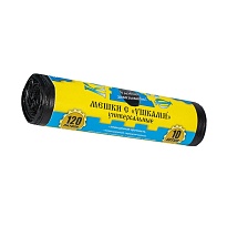 Мешки для мусора 120 л, с ушками, черные, в рулоне 10 шт., ПНД, 13 мкм, 1050х680 мм, Крепакоф, 4607075710436 в Москве