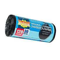 Мешки для мусора 120 л, с ушками, черные, в рулоне 30 шт., ПНД, 15 мкм, 1100х700 мм, Крепак, 4607075710375 в Москве