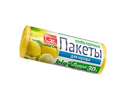 Мешки для мусора 30 л, ароматизированные, Лимон, желтые, в рулоне 20 шт., ПНД, 9 мкм, 560х530 мм, GRIFON Aroma, 101-020 Li в Москве